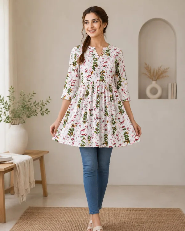 ANARKALI PATTERN SHORT KURTI WITH GREEN LEAF PATTERN FOR WOMEN'S DAILY WEAR 